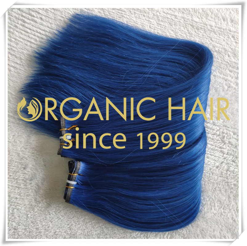 Beautiful blue color flat weft hair extensions C050
