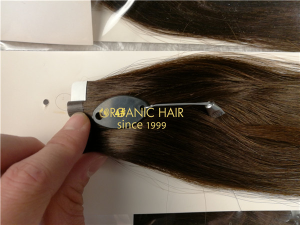 Remy human hair tape in hair extension, double drawn, #4 dark brown color, one donor braid hair  h19