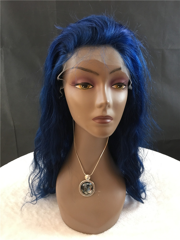 12A Remy hair full lace wigs, blue color, body weave, 130% density h26