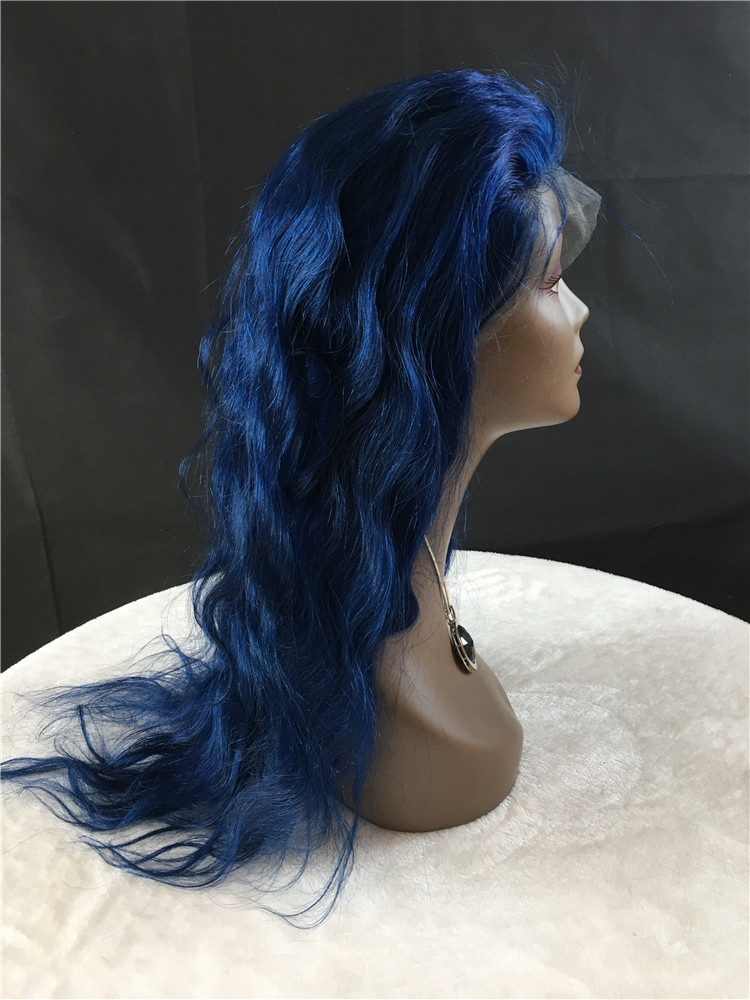 12A Remy hair full lace wigs, blue color, body weave, 130% density h26