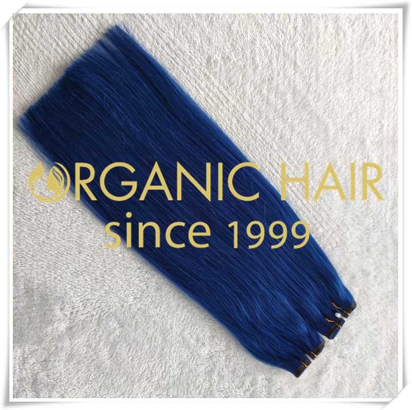 Beautiful blue color flat weft hair extensions C050