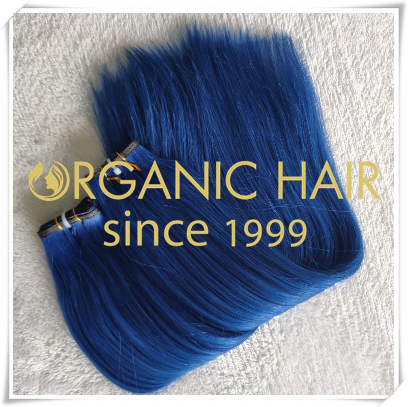 Beautiful blue color flat weft hair extensions C050