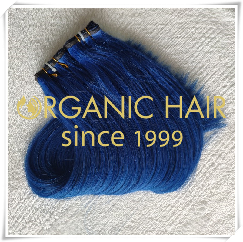 Beautiful blue color flat weft hair extensions C050