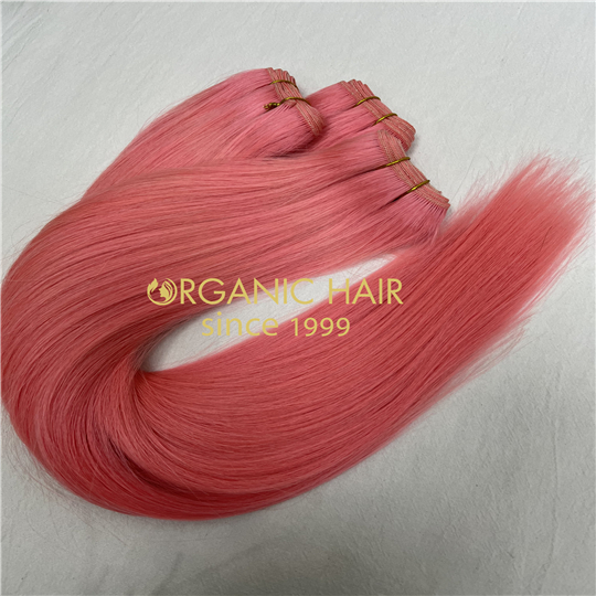 Pink human hair machine wefts hair extensions H3